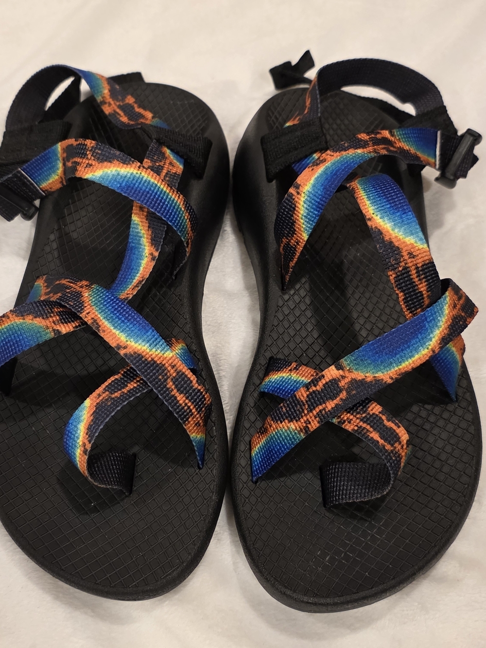 Chaco Black Sport Sandal with Blue and Orange Straps 9